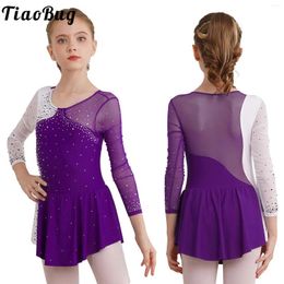 Stage Wear Kids Girls Figure Skating Dance Dress Long Sleeve Rhinestone Ballet Tutu Gymnastics Leotards Competition Performance Dancewear