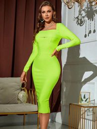 Casual Dresses Solid Nude Women Winter Style Sexy Long Sleeve Square Collar Green Midi Bodycon Bandage Dress 2024 Elegant Evening Party
