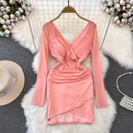 Casual Dresses Spicy Girl Pure Style Sexy V-neck Low Cut Waist Slim Short Split Wrap Hip Mesh Dress For Women