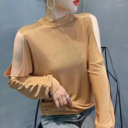 Women's Blouses Fashion Stand Collar Diamonds Off Shoulder Clothing 2024 Spring Summer Loose Casual Tops Office Lady Shirts