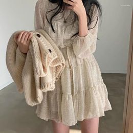 Casual Dresses Temperament Lace Up Waist Loose Women Fairy Round Neck Long Sleeved Chiffon Floral Dress Vestidos Elegantes Mujer Summer 2024