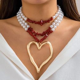 Pendant Necklaces Boho Multi-layer Irregular Stone Bead Chain Imitation Pearl Necklace Punk Big Heart Shaped Women's Jewellery