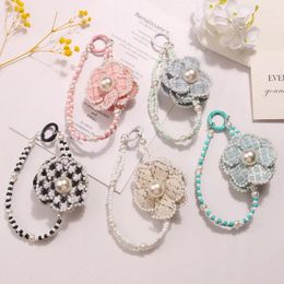 Keychains 1Pc Fabric Pearl Camellia Keychain Earphone Case Pendant Keyring For Car Bag Backpack Decoration Jewelry Gifts