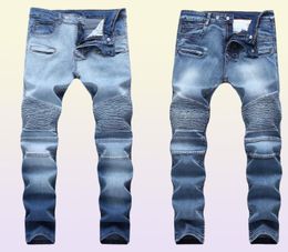 Men039s Pleated Biker Jeans Pants Slim Fit Brand Designer Motocycle Denim Trousers For Male Straight Washed Multi Zipper X06219401990