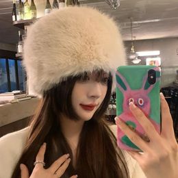 Russian Faux Fur Fisherman Cap Y2k Luxury Plush Dome Hat Winter Fluffy Thicken Warm Beanies Outdoor Cycling Skiing Panama Hats 240125