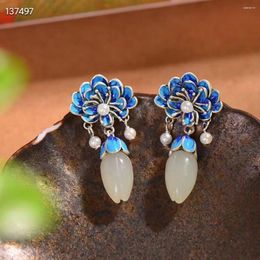 Stud Earrings Natural Real 925 Sterling Silver Flower Mosaic Magnolia White Hetian Jade Fashion Temperament Women