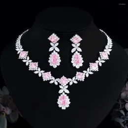 Necklace Earrings Set Luxury Big Pink CZ Cubic Zircon Women Wedding Costume Jewellery 2 Pcs African Dubai Bridal Party LYT0312