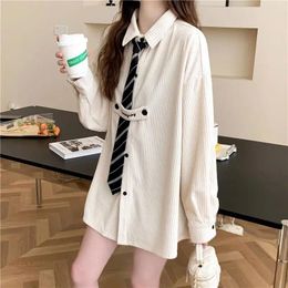 Women's Blouses 2024 Spring And Autumn Luxury Mid Length Pure Sexy Korean Edition Polo With Tie Long Sleeve Solid Oversize Shirt