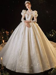 new Luxurious Long Sleeve satin Wedding Dresses Vestidos de Noiva Ball Gown Flowers Crystal Beading vintage Plus Size Wedding Dress Robe Arabic Mariage Bridal Gown R