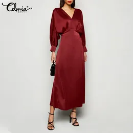 Casual Dresses Celmia Women Elegant Satin Maxi Dress Autumn Sexy Long Bat Sleeve V Neck Party Vestidos Silk Sundress Solid Vintage Robe