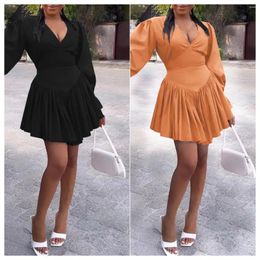 Casual Dresses Women Flare Long Sleeve V-neck Ruffles Hem Big Swing Irregular Dress 2024 Street Fashion Classic Mini Vestidos