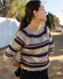 Contrast Striped Sequins Chic Oneck Sweater Women Elegant Long Sleeve Colourful Knitted Crop Jumper Fashion Streetwear 240130