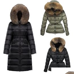 Women'S Down Parkas Womens Hooded Jacket Winter Outdoor Warmth Long Jackets Coats Real Raccoon Hair Collar Warm Fashion With Belt Dhrhi