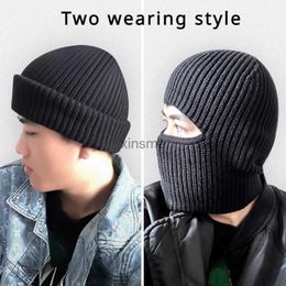 Beanie/Skull Caps 2 in 1 Mask Beanies Winter Balaclava Hat 2 Wearing Style Cap Full Face Shield Tactical Cycling Earmuff Cap Knitted Headgear YQ240207