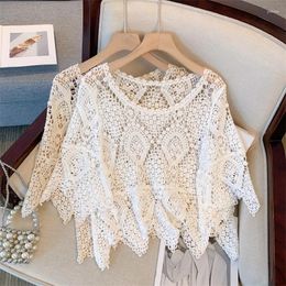 Women's Blouses Hollow Out Short Crochet Blouse Top With Sleeves Korean Fashion Knitted Crop 2024 Shirt Drop