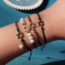 Charm Bracelets Stainless Steel Six Pointed Star Black Rope Chain Real Natural Freshwater Pearl Friendship Bracelet For Women