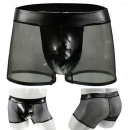 Underpants Fashion MenS Sexy Faux Leather Black Mesh Nightclub Boxer Briefs Underwear Men'S Soft