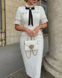 Elegant Womens dresses Slim Round Neck Short Sleeves Bow Ruffle Hem Beaded Formal Fragrant Breeze White Dress vestidos 240126