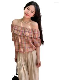 Women's Blouses 2024 Top Cotton Plaid Print Fashion Sexy Off Shoulder Ruffle Collar Summer Korean Loose Casual Shirt