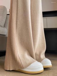 Women's Pants High Waist Side Pleated Knit Wide Leg Womens Casual Knitwear Pantalones Soft Sweatpants Lace Up Straight Spodnie