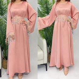 Ethnic Clothing Islamic Tassel Sequins Pink Dress Maxi Muslim Women Arab Eid Party Abaya Robe Kaftan Ramadan