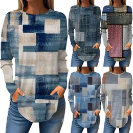 Women's T Shirts O Neck Long Sleeve Casual Irregular Block Pattern Printed Flared Basic Tunic Tops