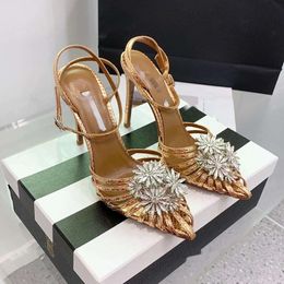 Aquazzura Flower crystal-embellished Satin Slingback Sandals Stiletto heels ankle strap pumps women designer luxury Evening Party wedding shoes 2024new