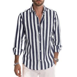 Casual Men Striped Print Blouse Shirts Male Summer Spring Turn Down Collar Long Sleeve Button Loose Sand Beach Tops FYY10781 240126