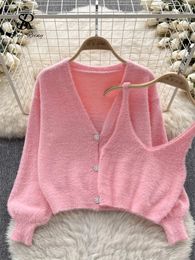 SINGREINY Women Sweet Sweater Fur Suit Mini V Neck Strap CamisSingle Breasted Cardigans Autumn Senior Fashion Knitted Sets 240123