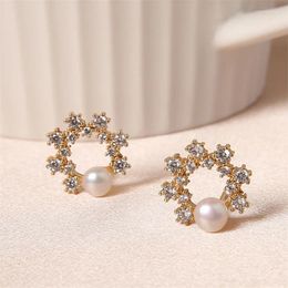 Stud Earrings WeSparking For Women 925 Silver Needle Cubic Zirconia Gold Plated Fresh Water Pearl Wreath