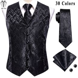 HiTie Designer Jacquard Silk Mens Vest Sleeveless Waist Jacket Pure Black Floral Waistcoat Neck Tie Hanky Cufflinks Set for Men 240119