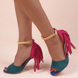 Sandals Fashion Summer Women High Heel Colorblock Fish Mouth Tassel Buckle Casual Style Two Strap Rubber