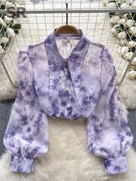 Women's Blouses SINGREINY Floral Print Transparent Shirt Women Elegant Fashion 2024 Lapel Ladies Casual Summer Spring Blouse