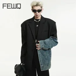 Men's Suits FEWQ Suit Jackets Niche Design Patchwork Denim Contrast Colour Lapel Baggy Male Blazers Personality Spring Chic 24X6120