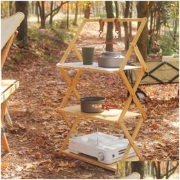 Camp Furniture Outdoor Cam Bamboo Shees Foldable 3-5-Layer Storage Rack Portable Table Flower Shoe Drop Delivery Sports Outdoors Campi Otwnv