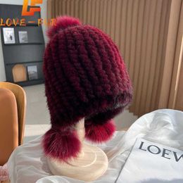 Beanie/Skull Caps Winter Hot Sale Real Mink Fur Hat For Women Knitted Mink Fur Ear Warm Cap The Spiral Beanies Cap With Fox Fur Pompom On The Top YQ240207