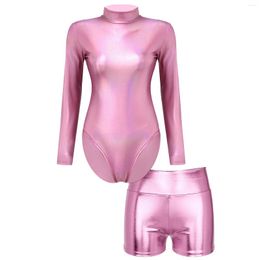 Stage Wear 2PCS Womens Dance Suits Metallic Shiny Turtleneck Long Sleeve Leotard Bodysuit With High Waist Shorts Performance Costumes