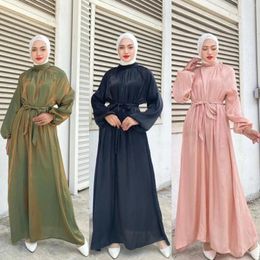 Ethnic Clothing Ramadan Eid Muslim Dress Dubai Fashion Women Puff Sleeve Soft Shiny Abaya Turkey Kimono Islam Robe Belted