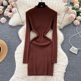 Casual Dresses Short Women Autumn Winter Long Sleeve Mock Neck Ribbed Knitted Dress Party Night Club Sexy Bodycon