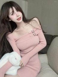 Casual Dresses Sweet And Girl Sexy Off Shoulder Knitted Dress Women's Autumn Pink Long-sleeved Slim Fit Wrapped Hip Short Bottoming