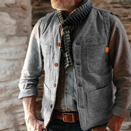 Vintage Waistcoats Mens Sleeveless V Neck Single Breasted Vest Jacket For Men Spring Fashion Patchs Pockets Design Coat Man 240130