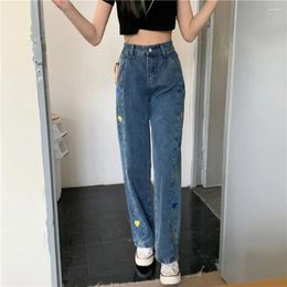 Women's Jeans Trousers Straight Leg With Hearts High Waist S Embroidered Womens Blue Pants For Women Pockets Japanese Y2k Cool Office