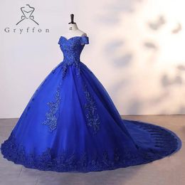 Autumn Vestidos Blue Quinceanera Dress With Trian Elegant Off The Shoulder Ball Gown Luxury Party Dress Plus Size Prom Gown 240201