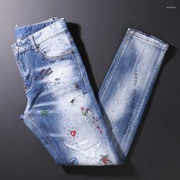 Men's Jeans High Street Fashion Men Retro Blue Elastic Slim Fit Ripped Beading Printed Designer Hip Hop Brand Pants Hombre