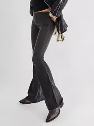 Kadınlar Kot pantolon orta yükselme parlama geniş bacak çan dip esnek denim pantolon bahar ince dipler