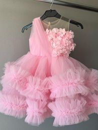 3D Flowers Pink Flower Sheer Neck Crystals Girl Wedding Frist Communion Pageant Dresses Vintage Little Baby Peageant Dress Gowns 403