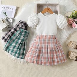 Clothing Sets Girls Clothes Summer Solid Ribbed Short Sleeve Tops Plaid Print Skirt Toddler Girl Fashion Kids Suits