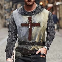 Vintage Print Men TShirts Samurai Pattern Knights Templar 3D Top Cotton Tee Streetwear Autumn Long Sleeve Oversized T Shirt 5XL 240123