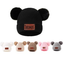 Beanie/Skull Caps Personalised Newborn baby Beanies Leather Patch Beanies for Baby Infant Beanie with Name Baby Warm Knitted Hats With Pom YQ240207