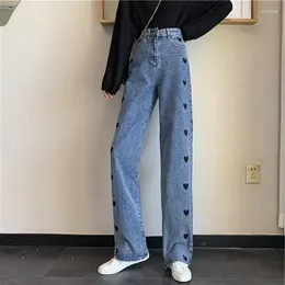 Women's Jeans Trousers Embroidered Womens With Hearts Pants For Women High Waist S Straight Leg Cowboy Stylish Denim Pant In Z A